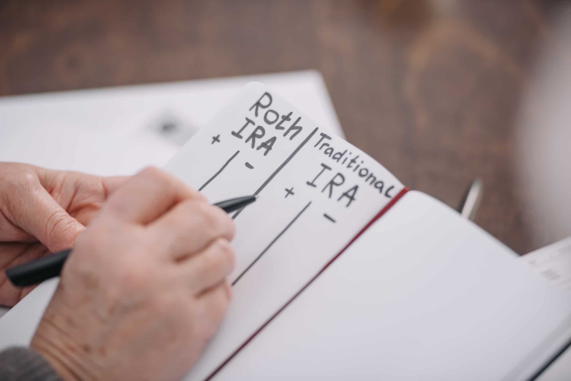 cropped view of senior woman writing in notebook with roth ira and traditional ira words